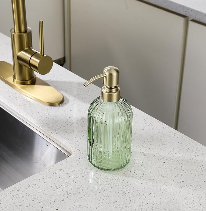 16Oz Green Glass Soap Dispenser with Rust Proof Stainless Steel Pump, Green Stripe Bathroom Hand Dish Lotion Dispensers with Brushed Gold Pump,Brushed Gold Glass Soap Dispenser,2 Packs