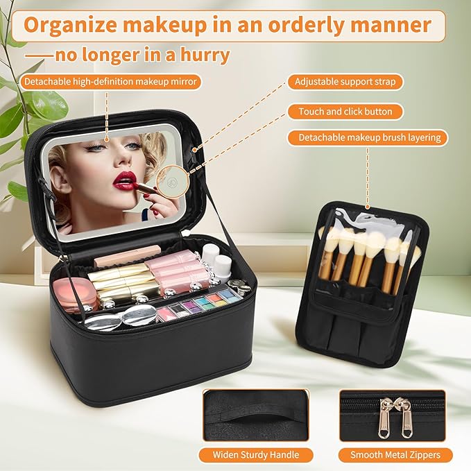 OCHEAL Makeup Bag With LED Mirror, Travel Makeup Bag With 3 Color Setting Light Up Mirror Cosmetic Organizer Vanity Case for Women Beauty Tools Accessories Rechargeable Makeup Travel Bag-Black