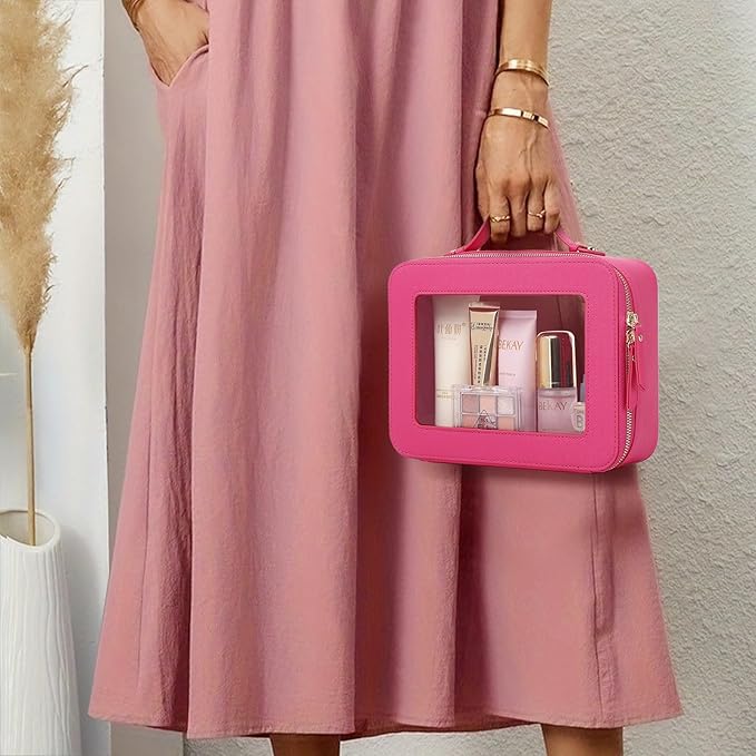 Clear Travel Makeup Bag with Brush Bag Portable Transparent Cosmetic Bag and Toiletry Bag Waterproof Clear Makeup Bag with Zipper Car Bag for Women (Fuxia, L+Slim)