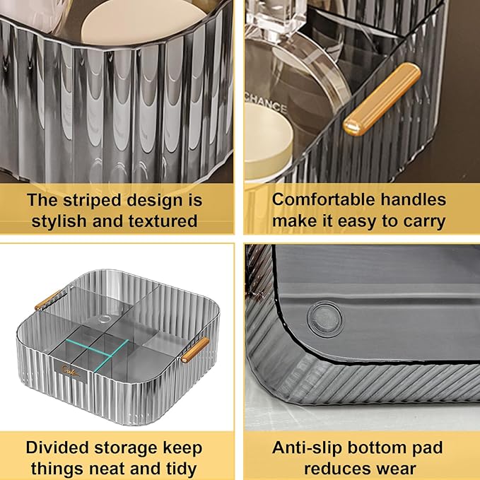 DASITON Acrylic Makeup Organizer,9 Slots Makeup Brush Holder,Makeup Storage with Handle,Vintage Striped Cosmetic Organizer for Desk Storage Container,Vanity,Bathroom(Grey)