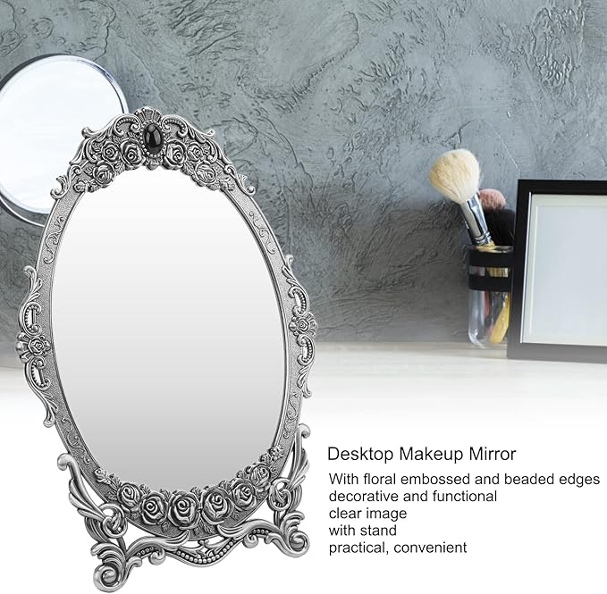 Cyrank Vintage Makeup Mirror, Oval Floral Mirror Decorative Tabletop Makeup Metal Vintage Cosmetic for Home Decorative(Antique Pewter)
