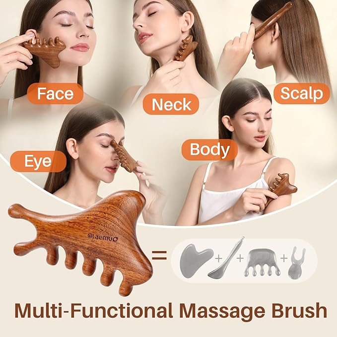 Olaemuo 4 in 1 Gua Sha Tool for Face,Scalp Massager with Gift Box,Massage Comb for Head,Face,Eye,Neck & Body Meridian Therapy Tool for Relaxation,Natural Sandalwood
