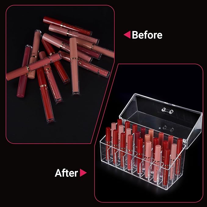 Wiojtry Acrylic Lipgloss Lip Gloss Holder & Rollerball Perfume Organizer for Compact Essential Oil Rollerball Perfume Holder, Makeup Brush, 18 Slots Tubular Storage Display Cabinet With Cover