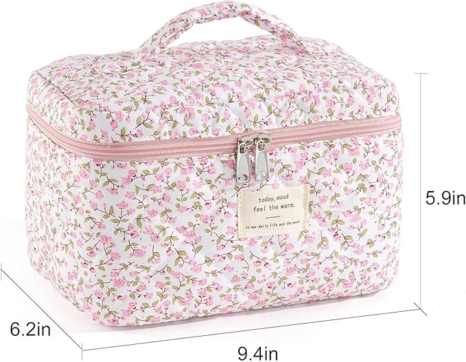 Makeup Bag for Women Quilted Cotton Make Up Bag Travel Cosmetic Bag Large Makeup Bag Cute Makeup Bags Organizer Floral Toiletry Bag Makeup Pouch for Purse, Pink Floral A-1PCS