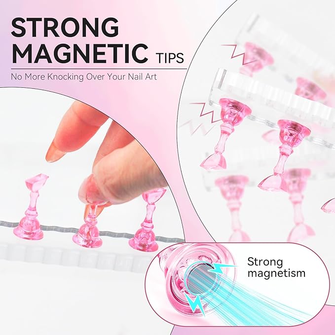 Nail Stand For Press On Acrylic Strong Magnetic Nail Holder Kit For Painting Nails Tip Arts Display With 200PCS Double-Sided Tape And 1 Heart Shaped Acrylic Magnetic Presson Stand (Clear And Pink, Medium)