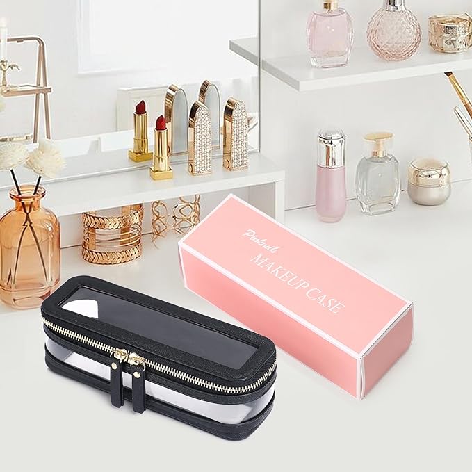 Pinkmik Makeup Brush Case Clear Travel Cosmetic & Toiletry Bag Slim Makeup Bag with Zipper Small Purse Organizer Car Essential Bag for Women (Black, SLIM-1)