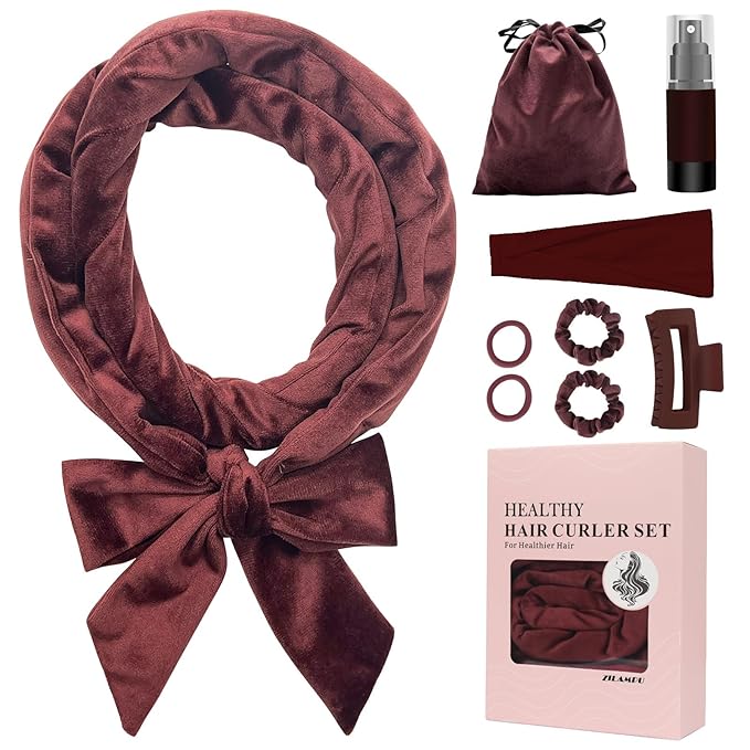 ZILAMPU Hair Curler Headband, No Heat Overnight Hair Curler, 70" Long Velour Lazy Hair Curls Roller Wrap for Women Girls Long Hair - Reddish Brown