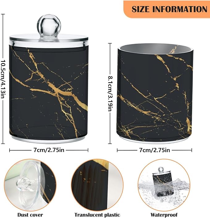 2 Pack Qtip Holder Organizer Dispenser Gold Black Marble Texture Bathroom Storage Canister Cotton Ball Holder Container for Cotton Pads/Swabs/Floss