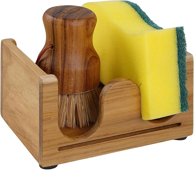 HTB Sponge Holder for Kitchen Sink,Teak Wood Dish Sponge Caddy Rack Tray Stand with Drain,Kitchen Sink Storage Organizer Countertop