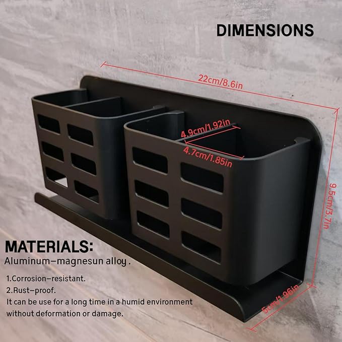 Aluminum Toothbrush Holder, Self-Adhesive Wall Mount Bathroom Organizer for Toothbrush, Razor, Comb & Toothpaste (Black)