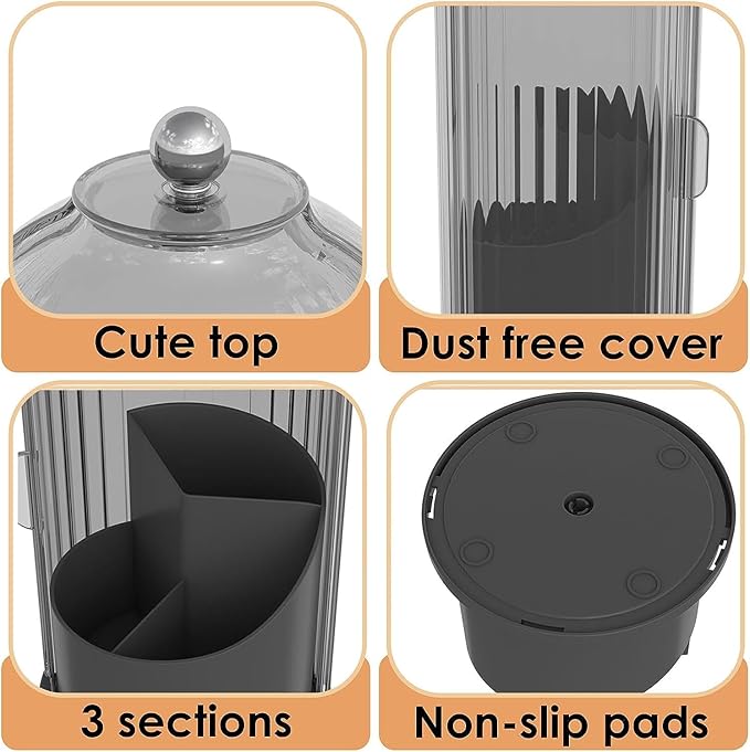 Dustproof Toothbrush Holders with Cover, Rotating Electric Toothbrush and Toothpaste Holder for Bathroom Countertop, 3 Slots Makeup Brushes Organizer, Grey Black
