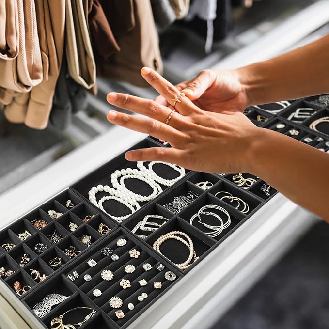 Jewelry Organizer Tray Set Of 8 Jewelry Trays For Drawers and Can Effectively Organize Jewelry Such As Rings, Earrings, Necklaces And Bracelets Jewelry Drawer Organizer (Black)
