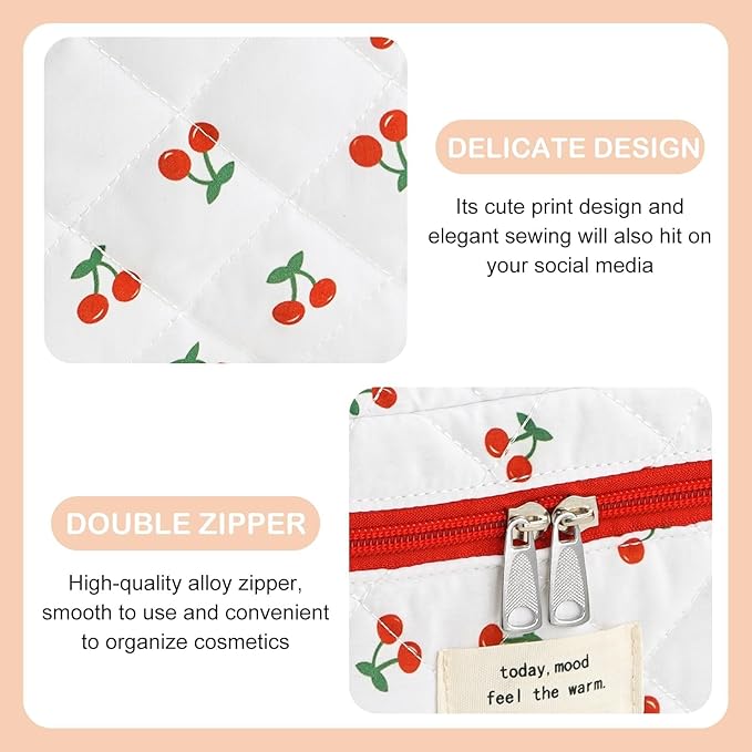 Makeup Bag for Women 3PCS Quilted Cotton Make Up Bag Travel Cosmetic Bag Large Makeup Bag Set Cute Makeups Organizer Floral Toiletry Pouch for Purse, Cherry