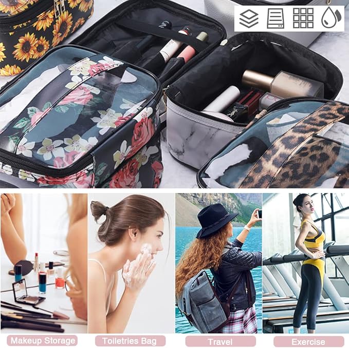 3 Pieces Makeup Bags Double Layer Travel Large Holographic Cosmetic Cases Organizer Toiletry Bags Waterproof Small Zipper Pouch for Women Makeup Brush Storage Bag,Light Pink