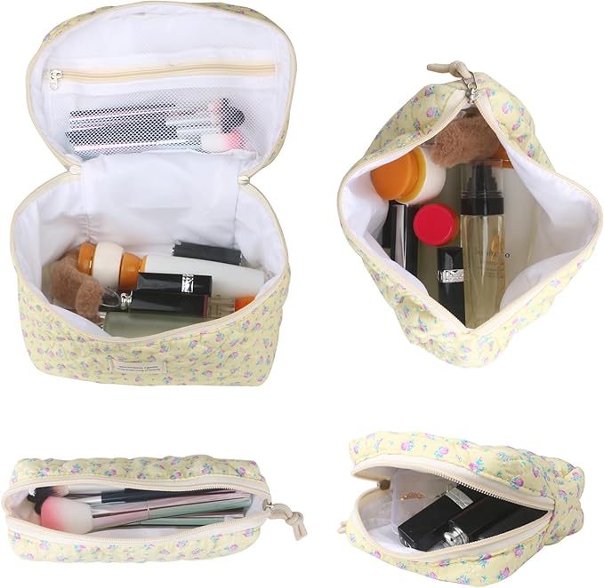 VIWIME Makeup Cosmetic Bag, Large Cotton Quilted Travel Coquette Aesthetic Cute Floral Make up Bag for Women Toiletry Bag Organizer (201- Purple Rose/ 4Pcs)
