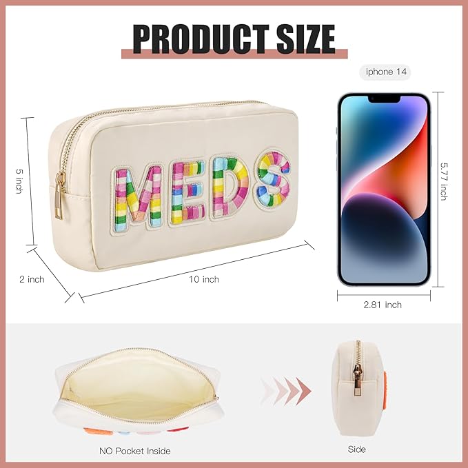 uekeboag 2Pcs Personalized Nylon Rx MEDS Cosmetic Bag, Cute Chenille Letter Patch Medicine Drug Pouch with Zipper,Preppy Makeup Travel Vitamin Bag for Women and Girls (RX+MEDS)