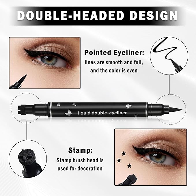 2PCS Double-headed Eyeliner Stamp Pencil Black Liquid Winged Eyeliner Stamp Pen Waterproof Smudgeproof Eye Liner Stamp for Eye Makeup(Heart+Star)