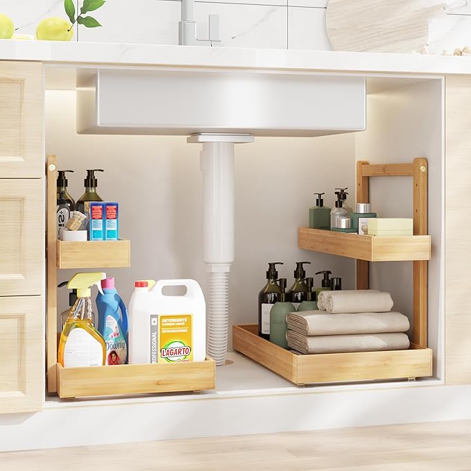 Bamboo Under Sink Organizer and Storage, 2 Tier Pull Out Cabinet Organizer, Slide Out Under Sink Storage Shelf, Undersink Organizers Shelves for Kitchen Bathroom Organization