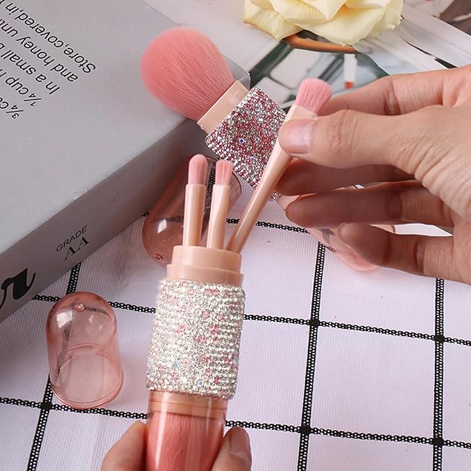 WOKOTO 4 in 1 Pink & White Diamond-Embellished Makeup Brushes - Nail Art Dust Powder Remover Brush, Eye Shadow, Lip & Foundation Brush, Soft Nail Art Dust Cleaner Brush for Acrylic Nails and Makeup