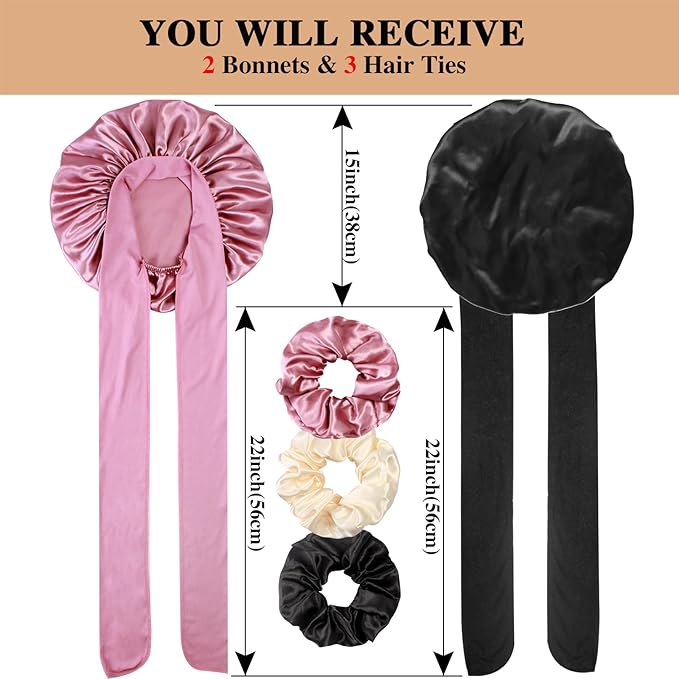 2+3 Large Satin Bonnets with Scrunchies for Women, Hair Bonnet Sleeping Tie Bonnet for Braids Curly Hair