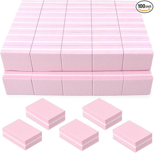 Mini Nail Buffer Blocks, 100/180 Grit Sponge Buffing Sanding Block File Manicure Tools Bulk 100Pcs (Pink)