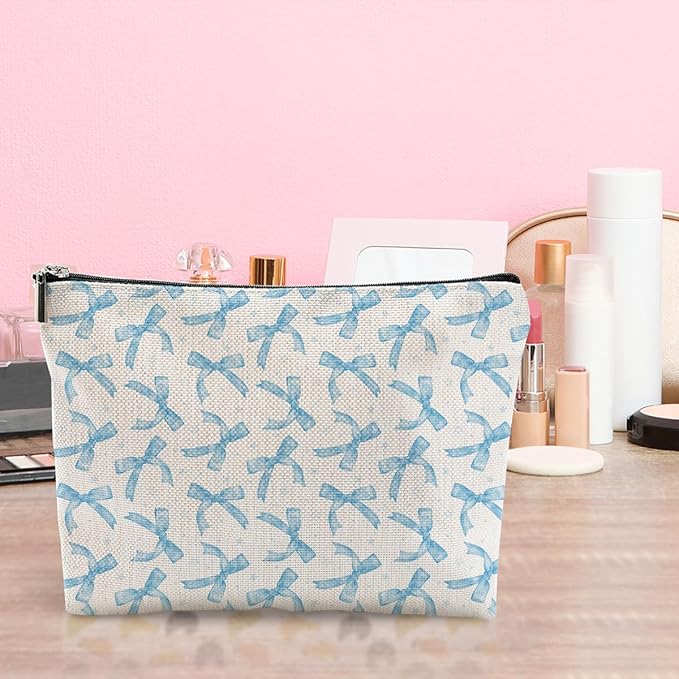 Coquette Makeup Bag Trendy Teen Girls Gifts Blue Bow Pouch Bag Gift for Women Aesthetic Cosmetic Bag Preppy Stuff Trendy Preppy Makeup Bag Funky Zipper Travel Toiletry Bag