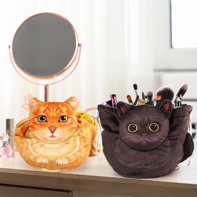 2-Pack Cat Makeup Bag, Black and Orange, Large-Capacity Travel Makeup Organizer, Cat Gift for Women