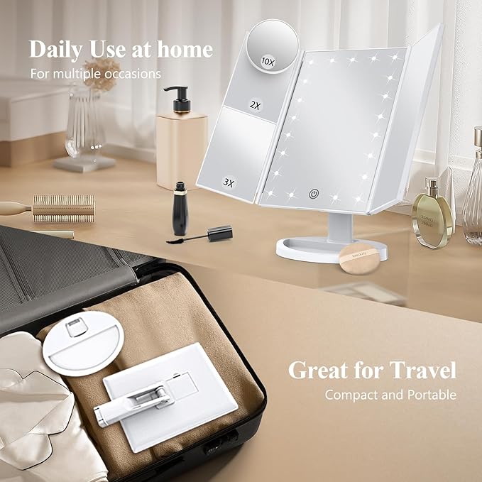 HUONUL Makeup Mirror, Vanity Mirror with Lights, 2X/3X/10X Magnification, Touch Control, Trifold Mirror, Dual Power Supply, Valentines Day Gifts for Her,Gifts for Women, Wife, Mom, Teengirls