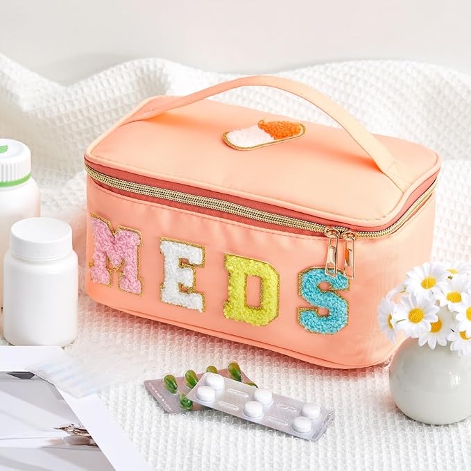 Geetery Clear Makeup Bag Chenille Letter Meds Bag Travel Cases Preppy Patch with Zipper, Portable Cosmetic Toiletry Storage case for Women(Meds,Orange)