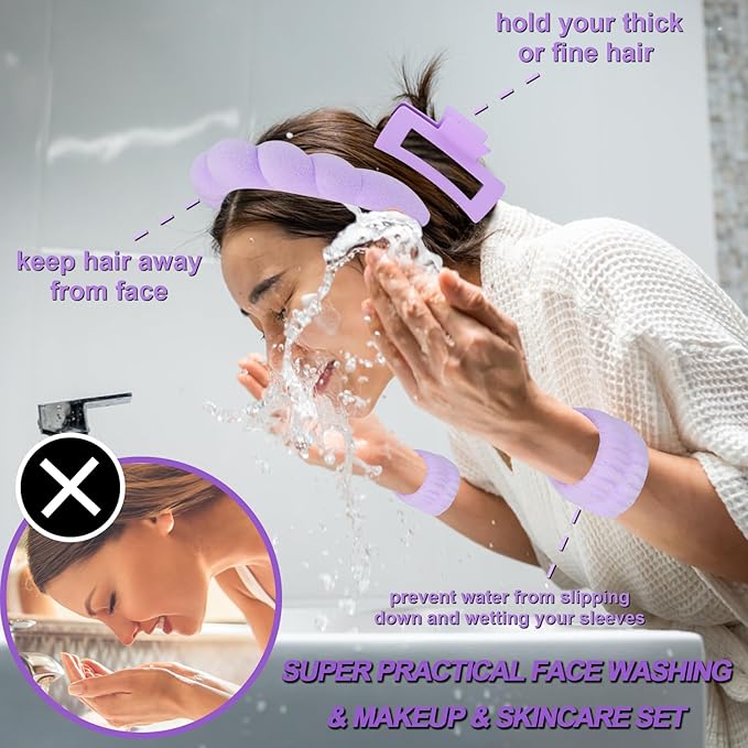 Canitor Spa Headband Wrist Bands Set with Hair Clips Skincare Washing Face Skin Care Puffy Makeup Preppy Teen Girl Gifts Cute Trendy Stuff Fashion Hair Accessories for Women (purple)