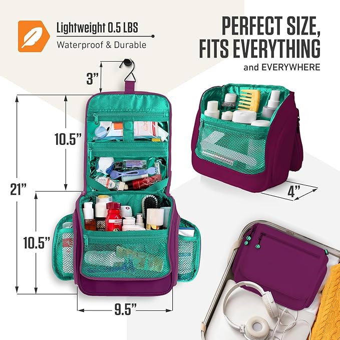 VENTURE 4TH Hanging Travel Toiletry Bag for Women & Men – Large Toiletry Organizer with 18 Compartments, Removable TSA Pouch, Travel Wash Bag for Toiletries, Makeup & Shaving Kit (Purple/Mint)