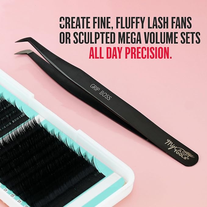 My Lash Tools Mega Boot Volume Fiber Tip Lash Tweezer – GRIP BOSS, Non Slip Soft Grip, Professional Volume Eyelash Extension Tweezers, Lash Artist Tool (Black)