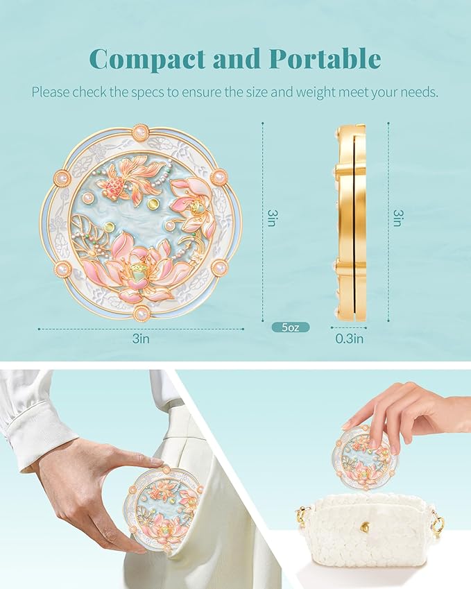 Lotus Bloom Compact Mirror, Small 2X Magnifying Makeup Mirror for Purse Pocket, Mini Portable Folding Blue Mirror, Chinese Style Gift for Women Girls
