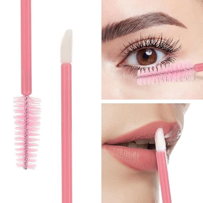300 Pcs Disposable Mascara Wands Dual Ended Eyelash Brush Lip Brush, Lipstick Applicator Eyebrow Spoolies for Eyelash Extensions, Portable Makeup Brush for Eyebrow, Lip - Pink