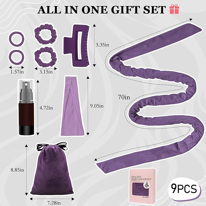 ZILAMPU No Heat Curling Rod Headband, Hair Curlers to Sleep In - Purple, 70" Long, Extra Soft Velour Material, Ideal for Women and Girls with Long Hair, 9-piece Set