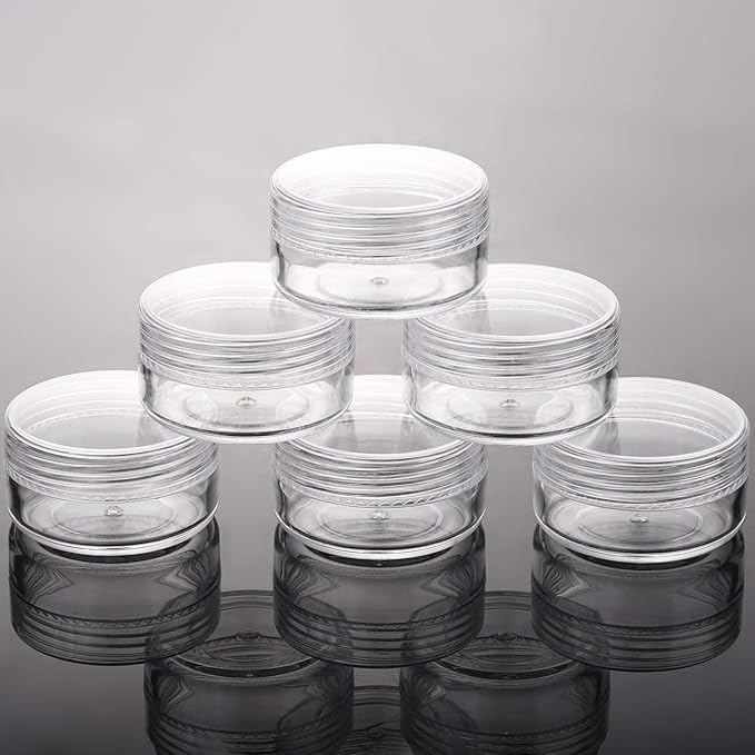 Refillable Cosmetic Sample Jars - 100 Pack 10g (0.35oz) Clear Small Travel Containers with Lids + 10 Mini Makeup Spatulas - BPA Free