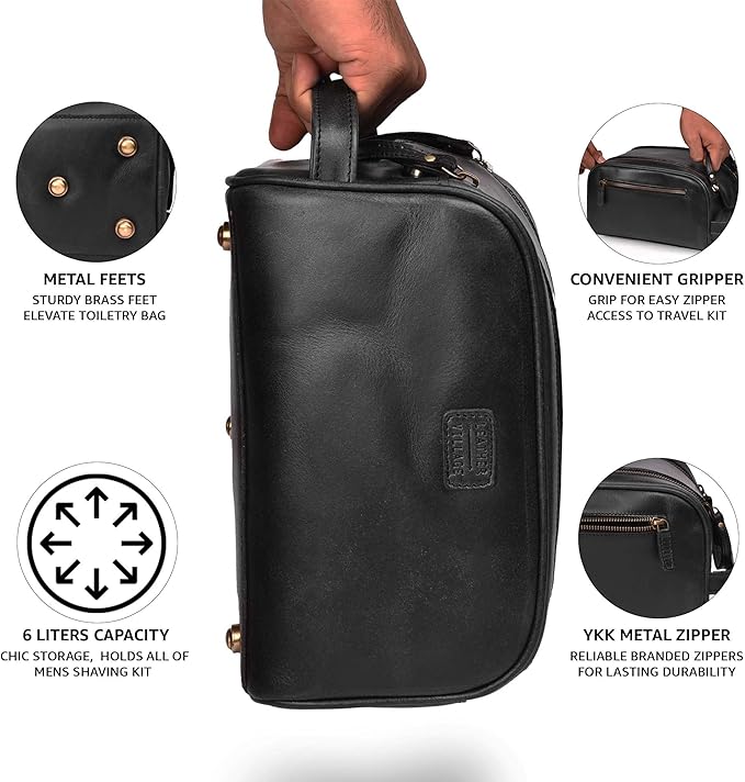 LEATHER VILLAGE Genuine Leather Toiletry Travel Pouch With Waterproof Lining - Black | King-Size Handcrafted Vintage Dopp Kit Bag, Shaving & Bathroom Organizer, Gift for Men & Women