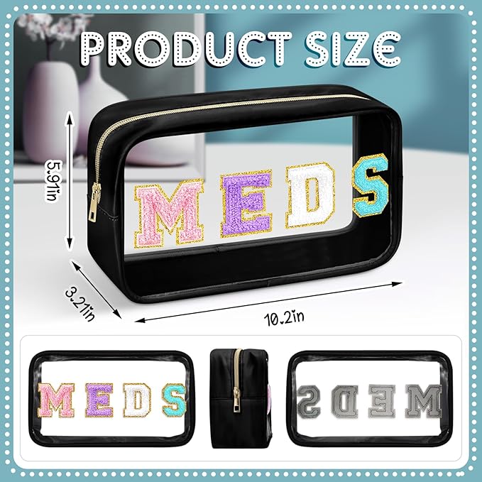 Geetery Medicine Bag Chenille Patch Meds Bags Portable Makeup Cases Preppy Patch with Zipper Cosmetic Travel Toiletry Storage for Women(Black,Original Meds)