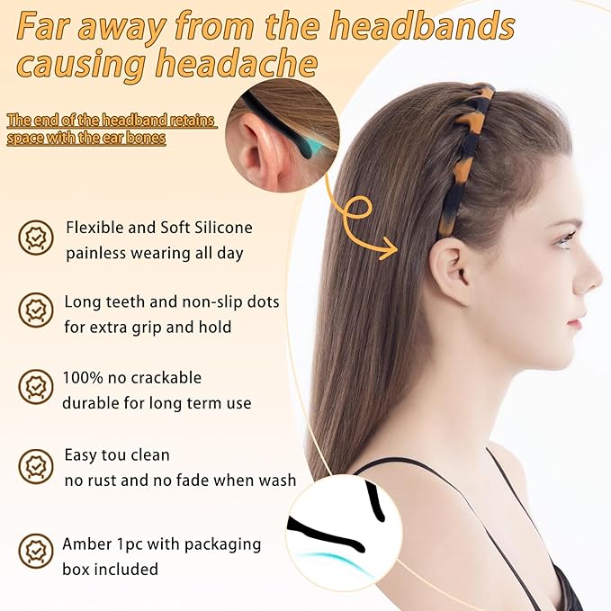Silicone Headbands for Women Non Slip Comb Headband with Teeth Non-Crackable Hair bands for Women's Hair Fashion Accessories (Amber 1PC, 1 Count (Pack of 1))