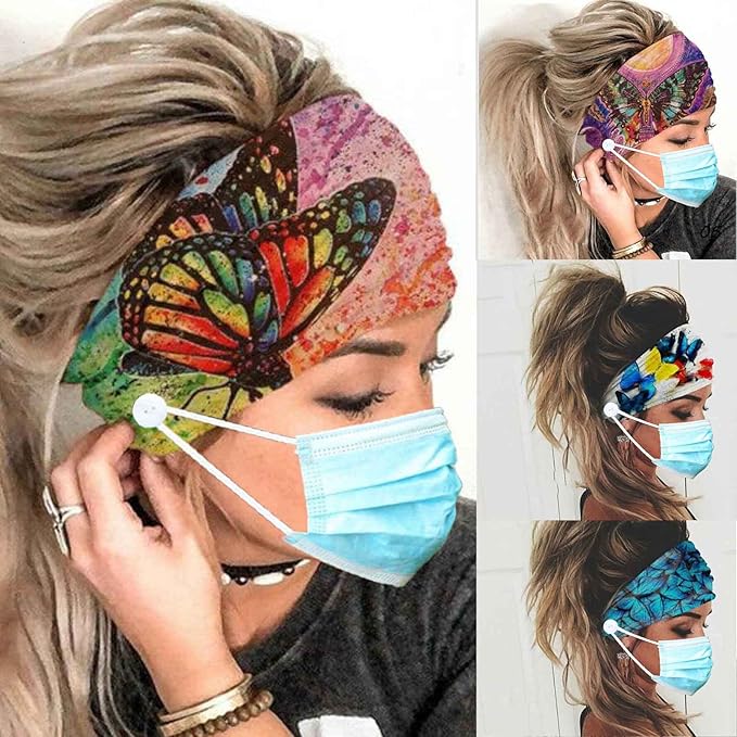 Olbye Wide Boho Headbands Headwrap Butterfly Stretch Button Hair Bands Bandana Yoga Running Athletic Turban Head Bands Head Scarfs Hair Accessories for Women 4Pcs (Button)