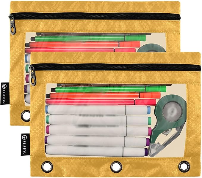 Yellow Orange Pencil Pouch for 3 Ring Binder 2 Pcs Binder Pencil Pouches with Zipper Pocket Pencil Case Bag with Clear Window Pencil Bag for Storing Office Home College Supplies