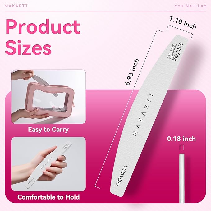 Makartt Nail File - 180/240 Grit Emery Boards for Nails, 2Pcs Dual-Sided Fingernail Files for Natural Nails Prep & Buffing, Reusable Manicure Kit for Salon & DIY Use