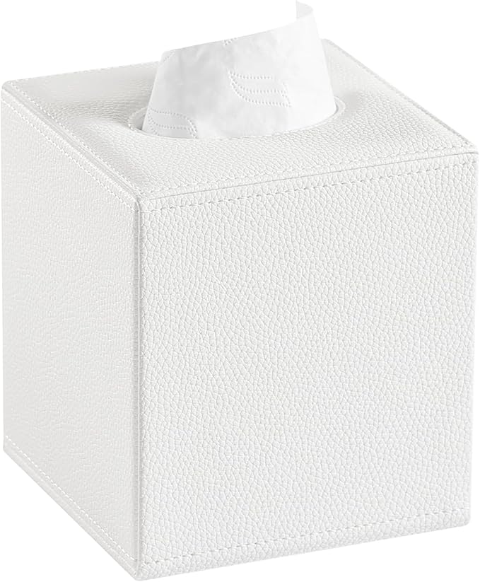 JLAMBOM PU Leather Tissue Box Cover Square Tissue Box Holder with Magnetic Closure, Decorative Tissue Holder for Bathroom Bedroom Office (White)