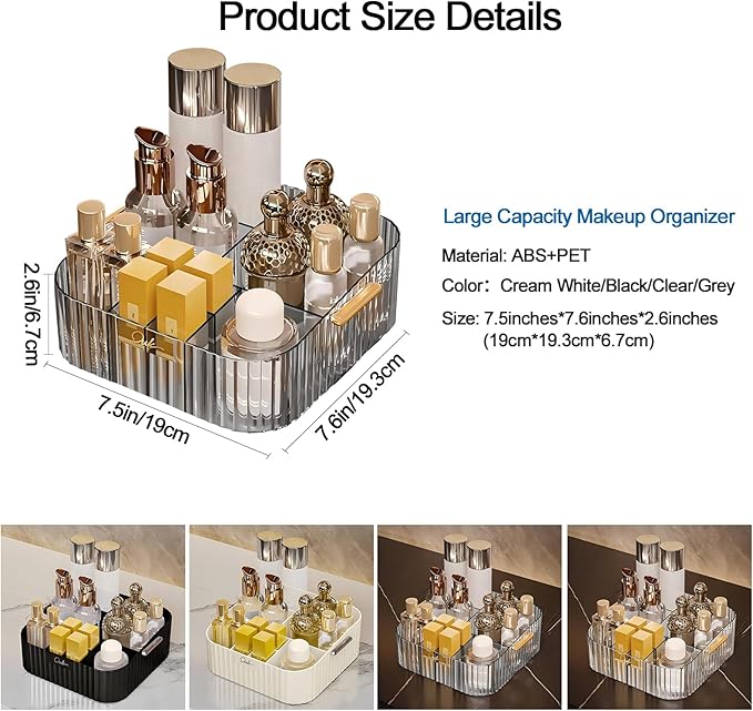 DASITON Acrylic Makeup Organizer,9 Slots Makeup Brush Holder,Makeup Storage with Handle,Vintage Striped Cosmetic Organizer for Desk Storage Container,Vanity,Bathroom(Grey)