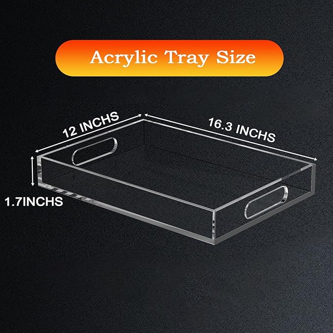 Acrylic Organizers Tray, Acrylic Organizers Tray Large, Acrylic Tray with Handle, Lucite Tray Organizer for Bench, Coffee Table Countertop, Bathroom, Living Room, Powder Room