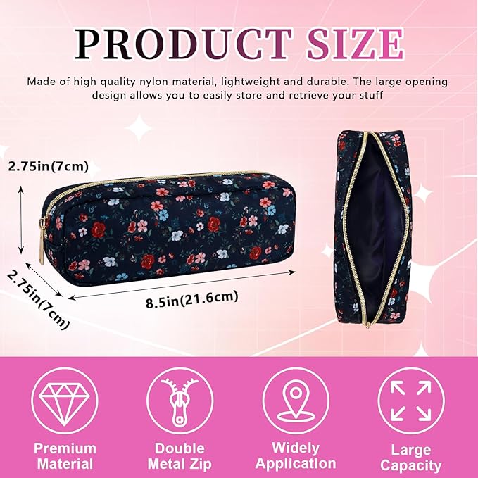 Nylon Floral Small Makeup Bag Slim Pouch, Cute Preppy Makeup Brush Bag Portable Make up Pouch with Zipper, Waterproof Travel Toiletry Bag Coin Purse Storage Organizer for Women Girls(Black Rose)
