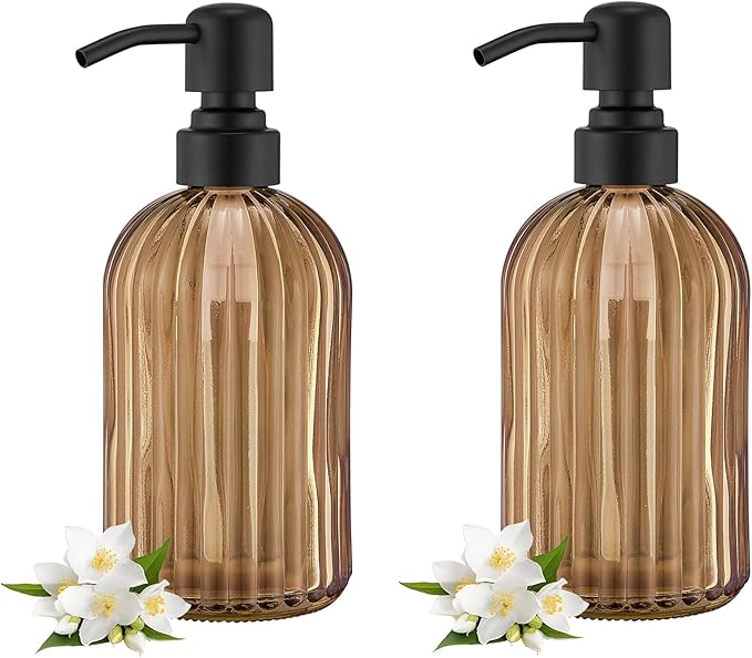 16 OZ Amber Glass Soap Dispenser, Amber Stripe Bathroom Hand Soap Dispensers with Stainless Steel Matte Black Pump,Brown Glass Kitchen Hand Soap Dispenser with Matte Black Pump,2 Packs