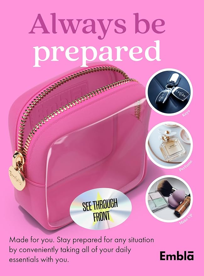 Embla London Makeup Bag Cosmetic Case, Clear Zipper Make Up Pouch and Toiletry Travel Tote, Cute Skincare Pouches for Women Girls, Preppy Purse Cosmetic Organizer, Mini Makeup Bags, Bubblegum