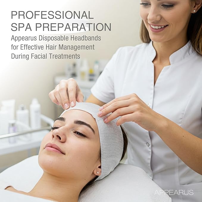 APPEARUS Disposable Spa Facial Headbands (100 Pack) – Individually Wrapped, Stretchable Non-Woven Hair Wraps with Single Snap Tab for Estheticians, Makeup, and Skincare