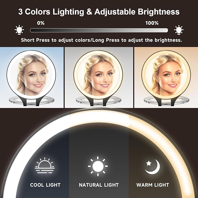 Mocado Travel Makeup Mirror with Light, 1X/20X Magnifying, Double Sided, 3 Color Light, Dimmable Touch, Rechargeable, Tabletop Standing, Black, Modern Style